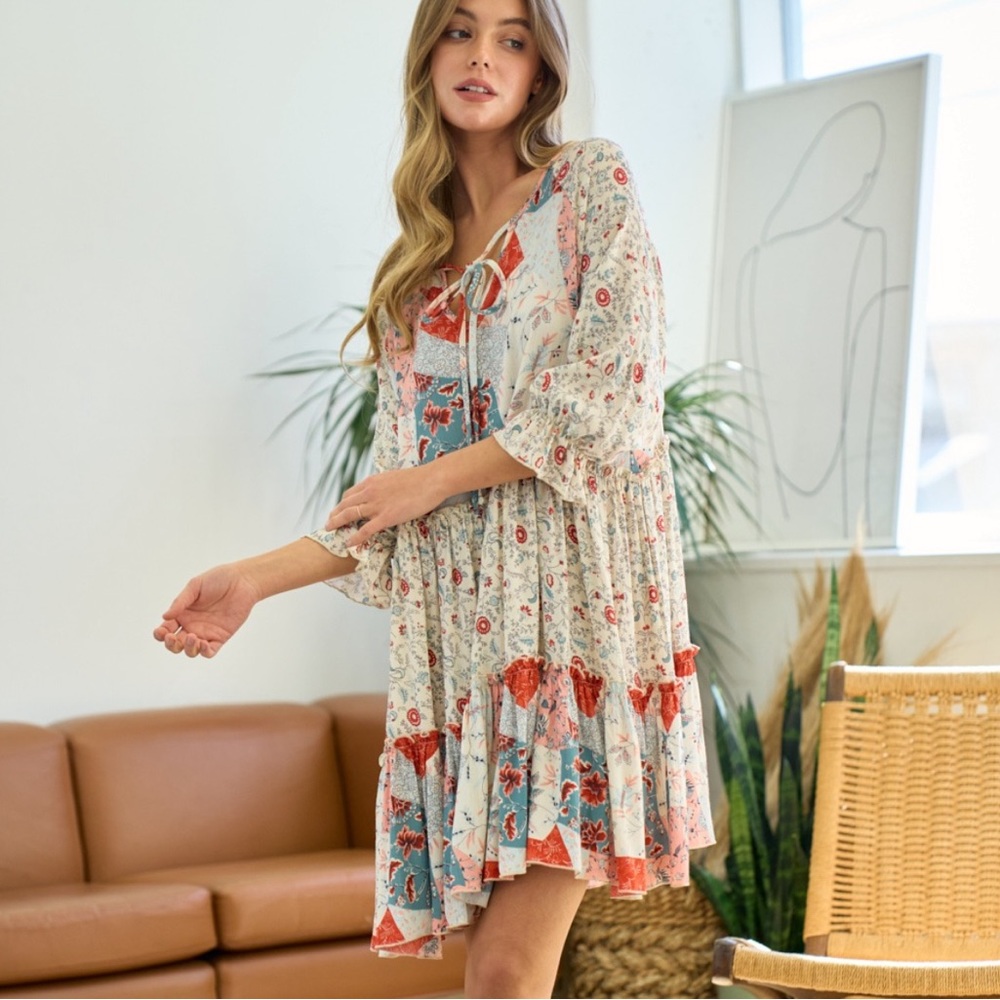 Boho Floral Patchwork Tie-Neck Dress in Cream & Coral